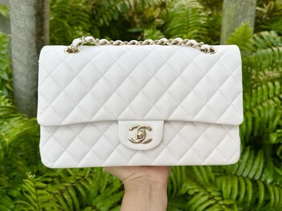 CHANEL WHITE CAVIAR LEATHER MEDIUM CLASSIC FLAP BAG LIGHT GOLD HARDWARE NEW - Image 1 of 4