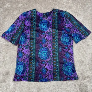 Abstrakte Kurzarm Bluse Gr. XL lila grün Slinky Blumen stimmungsvoll Büro - Bild 1 von 4