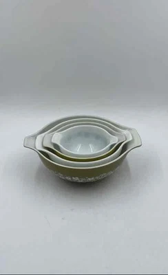 Pyrex Green White Floral Spring Blossom Cinderella Nesting Mixing Bowls Lot Of 4 - Image 1 of 4