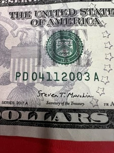 Fancy Serial Number $5 2017 PD 04112003 A DOB April 11 2003  - Picture 1 of 11