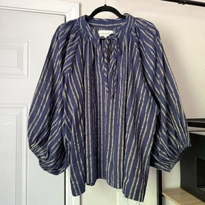 DAUGHTERS OF INDIA navy gold striped cotton puff peasant sleeve blouse shirt - Picture 1 of 7