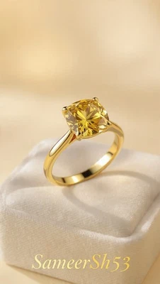 Anillo de diamantes amarillos con cojín cultivado en laboratorio de 4 quilates diseño de oro amarillo de 14 k por Sameersh53 Foto 1 de 4