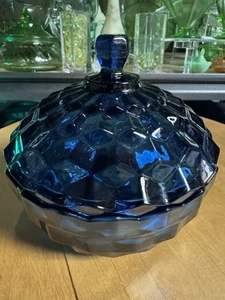 4513 Vtg 1960s Indiana Glass Cobalt Blue Whitehall Candy Dish With Lid “CUBIST” - Picture 1 of 6