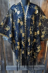 ART TO WEAR GLAM SEQUIN EMBROIDERED SHORT KIMONO JACKET IN GOLD ON BLACK, OS+! - Picture 1 of 4