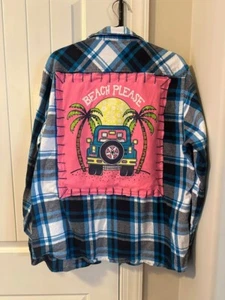 UPCYCLED FLANNEL SHIRT BEACH PLEASE UNISEX SZ 3XL BLUE PINK JEEP WHITE HANDMADE - Picture 1 of 3
