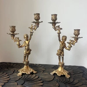 Pair Vintage French solid brass putti candlestick holders cherub candelabra - Picture 1 of 23