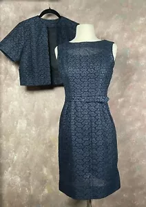 Marineblau Spitze Organza Kleid Vintage 1950er Jahre passende Jacke & Gürtel XS - Bild 1 von 10