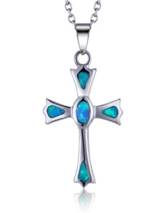 KX T01 Ciondolo a Croce Blu Opale di Fuoco Argento Sterling 925 - Foto 1 di 2