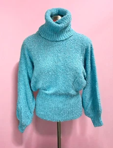 VTG 80's Blue Acrylic boucle crop sweater cowl neck slouchy balloon sleeve M - Picture 1 of 6