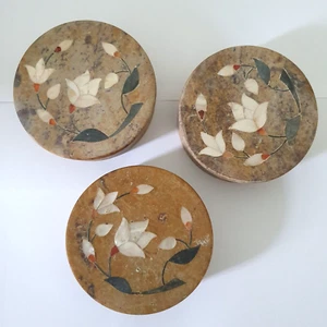 Soapstone Vintage Trinket Box With Mother Of Pearl Inlay Floral Design x3 - Picture 1 of 5