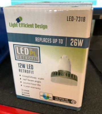LIGHT EFFICIENT DESIGN LED-7318 12 WATT LED PL LAMP 4-PIN G24q/GX24q Base, 4000K - Image 1 of 3