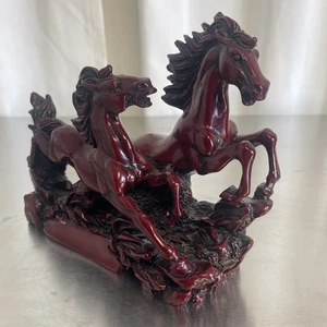 Vintage Chinese Cinnabar Red Galloping Horses Figurine Equestrian Sculpture - Picture 1 of 9