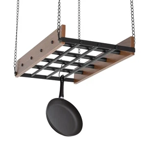 Black and Brown Ceiling Mounted Pot Rack Hanging Pots and Pans Organizer w/Hooks - Picture 1 of 6