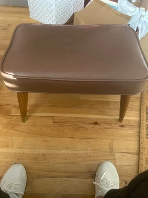Vintage Mid Century Modern  brown Vinyl Footstool/Ottoman Wood Legs 21"x13"x13" - Image 1 of 4