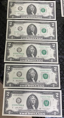 TWO DOLLAR UNCIRCULATED CONSECUTIVE SERIAL NUMBER BANK NOTES LOT/ 10 1995 & 2017 - Image 1 of 4