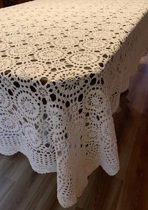 Cotton Handcrafted Crochet Tablecloth Throw Scalloped Edge 86”x 44” No Stains - Picture 1 of 5
