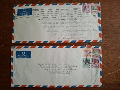 2 sellos Malaya Penang KG6 usados cubierta a EE. UU. con sello trasero Boustead & Co ESCASO Foto 1 de 4