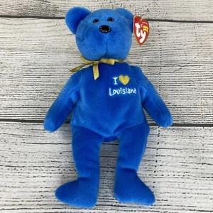 TY Beanie Babies 2005 I Love Louisiana Hurr. Juguete pequeño oso de peluche azul Katrina - Imagen 1 de 7