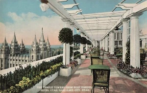 Salt Lake City UT Utah, Mormonentempeltürme vom Dachgarten, alte Postkarte - Bild 1 von 2