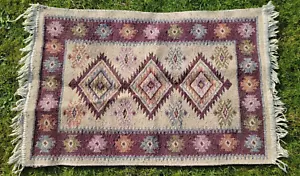 Vintage 50's Aztec Ikat Cream Purple Woven Handmade Kilim Wool Rug PROP - Picture 1 of 13