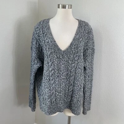 Suéter Vince Mujer Grande Gris Lana Cachemira Cuello en V Grueso Tejido con Cable Foto 1 de 4