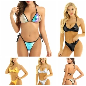 YiZYiF Women Shiny Metallic Bikini Bra Briefs Set Brazilian Swimwear Beachwear - Picture 1 of 232