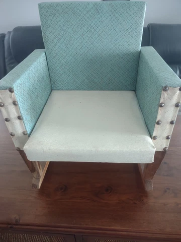 Vintage  Green / Cream Vinyl Child's Toddler  Mini Rocking Chair Wooden Legs Cover