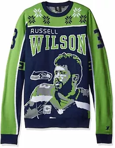 KLEW NFL Men's Seattle Seahawks Russell Wilson #3 2015 Ugly Sweater,Green - Picture 1 of 7