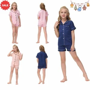 Pajama Set for Kids Baby Boy Girl Button-up Silk Pajama Sleepwear Nightwear PJS - Picture 1 of 20