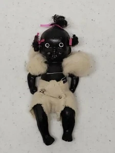 Antique Vintage 4” Black all Bisque Jointed Doll Japan Original Pigtails Diaper - Picture 1 of 9