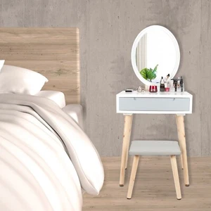 Makeup Vanity Set with 3 Adjustable LED Mirror Cushioned Stool Drawer Wood Desk - Picture 1 of 11