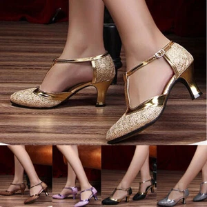 Women's Soft Sole Latin Ballroom Tango Modern Salsa Mid Heeled Party Dance Shoes - Picture 1 of 15