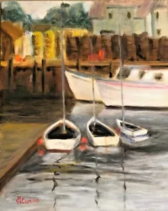 Dipinto olio originale barche a vela città galleggiante Ipswich Massachusetts Bay firmato MA - Foto 1 di 8
