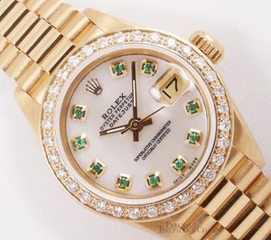Rolex President Lady oro amarillo 18k 26 mm bisel diamante esfera esmeralda MOP blanca - Imagen 1 de 5