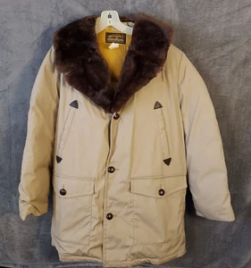 Vtg 80s Eddie Bauer Parka Mens Medium Goose Down Hooded Fur Trim Chore Coat Mint - Picture 1 of 14