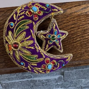 Adorno Estrella Luna Terciopelo Púrpura Bordado Joyas Navidad - Imagen 1 de 7