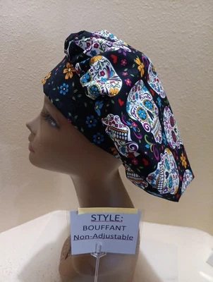Sugar Skulls (black) Women's Bouffant Surgical Scrub Hat/Cap Handmade - Image 1 of 4