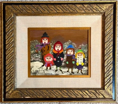 Pintura al óleo original enmarcada de villancicos de Navidad para niños de Carlotta Foto 1 de 4