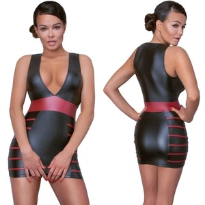Black Red Faux Leather Look Mini Dress Women’s Bodycon Party Club Outfit - Picture 1 of 13