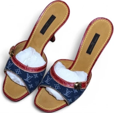 Nuevo tacón de mezclilla vintage Louis Vuitton con ribete rojo talla 37 Foto 1 de 4