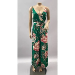 Free People Jumspuit Women 4 Small Green Cabbage Rose Satin Wide Leg Open Back - Picture 1 of 13