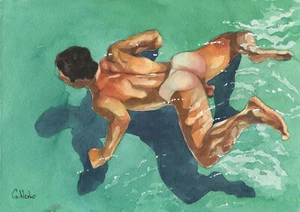 PRINT Original Art Work Watercolor Painting Gay Male Nude "Swimmer underwater" - Picture 1 of 1
