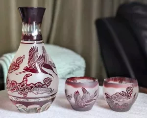 Set sake vintage soffiato a mano stile sashiko soffiato a mano taglio a vetro trasparente - Foto 1 di 11