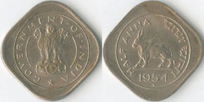 India 1954 Bombay 1/2 Anna KM# 2.2 Cu-Ni Ashoka Lion Capital Zebu Cattle - Image 1 of 3