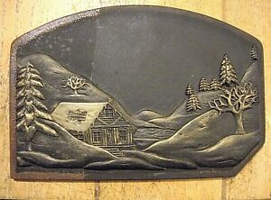 Antique Winter Scene Cast Iron Plaque Wood Logs Lodge Scene 14" x 10” Plate Tile