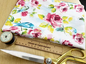 FABRIC REMNANT - Pretty Blue Bird & Pink Rose Floral Canvas Fabric - 0.5m Length - Picture 1 of 4