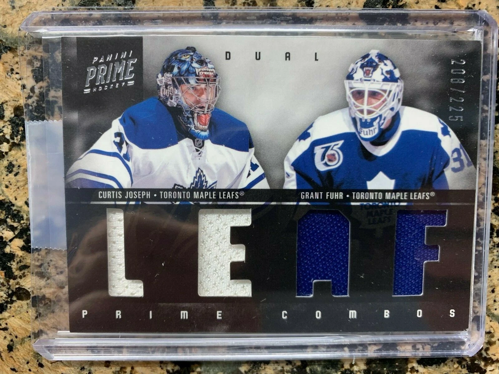 2012 PANINI PRIME COMBOS CURTIS JOSEPH/GRANT FUHR NUMBERED 208/225 GAME WORN