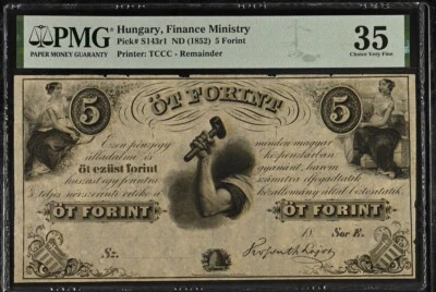 Hungary 5 Forint 1852 Pick# S143r1 PMG: 35 Choice VF. #PL2450 - Image 1 of 2
