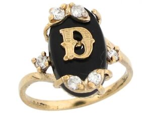 10k or 14k Real Yellow Gold Onyx Letter D Initial with CZ Accents Ring