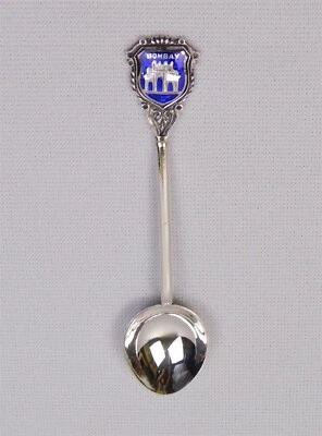 Cuchara de recuerdo vintage BOMBAY INDIA plata esterlina esmalte azul cobalto 3,75" 8,7 g Foto 1 de 4